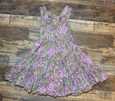 Maggie & Zoe Girls Sleeveless Floral Dress – Size 4 Green Pink Cotton Bow Back - Image 1 of 4