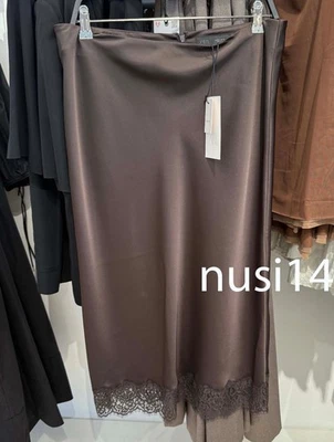 ZARA NOVA MULHER CINTURA MÉDIA EFEITO CETIM MIDI SAIA DE RENDA ZW MARROM ESCURO 5919/207/716 - Imagem 1 de 2