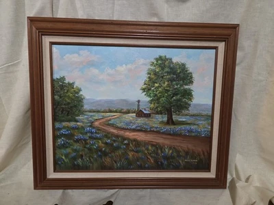 Pintura al óleo firmada de colección del 86 Texas Hill Country Bluebonnets-Helen Porter bellas artes Foto 1 de 4