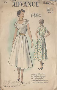 1950 Vintage Sewing Pattern B30 DRESS (R843) By 'Edith Head' - Picture 1 of 1