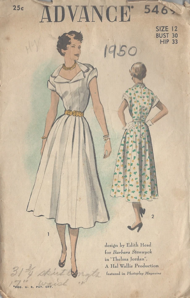 1950 Vintage Sewing Pattern B30 DRESS  (R843) By 'Edith Head' - Image 1 of 1