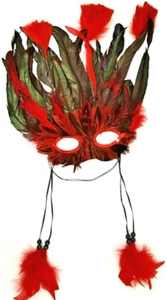 Red and Black Feathered Mardi Gras Mask With Feather Tassels Elegant - Picture 1 of 6
