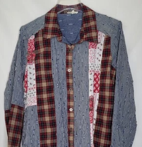 Mystree Sz L Button Front Shirt Distressed Patchwork Long Sleeve Style 16630 EUC - Picture 1 of 5