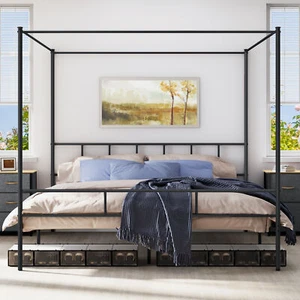 TAUS King Size Bed Frame Metal Canopy w/Built-in Headboard Strong Slat Support - Picture 1 of 12