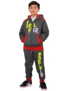Kids Girls Boys #Selfie Tracksuit Charcaol Hooded Hoodie Bottom Jog Suit Joggers - Picture 1 of 6