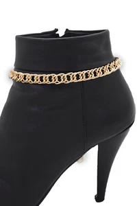Women Gold Metal Boot Thick Chain Links Bracelet Western Shoe Basic Wrap Around - Picture 1 of 12