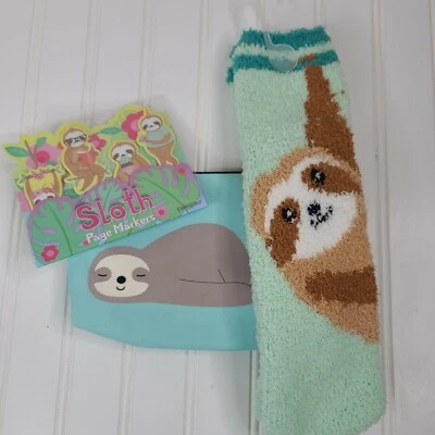 Sloth LOVERS GIFT set Zip Makeup Organizer Bag Comfy Sloth Socks & Page Markers - Image 1 of 4
