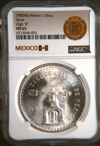 :1980-Mo HIGH-8 1-ONCE MEXICO SILVER-BULLION GEM NGC MS-65 RARE R-7 HIGH GRADE - Picture 1 of 2