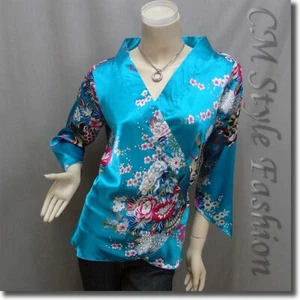 * Yukata Kimono Design Silky Satin Wrap Tie Top Blue L - Picture 1 of 4