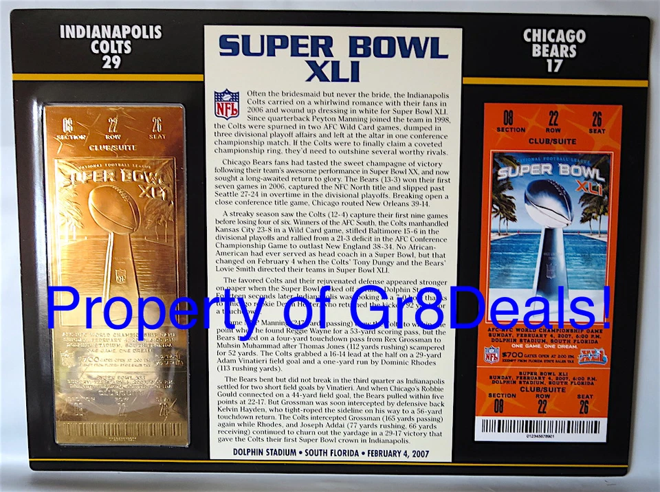 SUPER BOWL 41 ~ COLTS vs BEARS ~ NFL 22 KT GOLD SB XLI TICKET ~ Willabee & Ward - Image 1 of 1