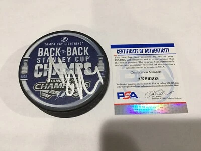 Tyler Johnson Signed B2B Back To Back Lightning Stanley Cup Puck PSA DNA COA a - Image 1 of 3