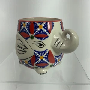 Yokohama Studio ELEPHANT Coffee Mug Cup RED Blue Yellow Floral Hand Painted - Picture 1 of 10