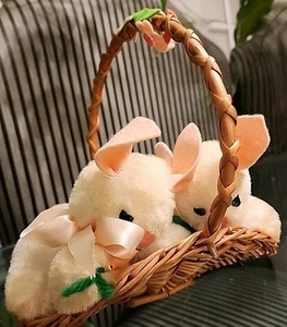Vintage 1960's ~ Two Plush Bunny Rabbits in Brown Wicker Easter Basket - Picture 1 of 9