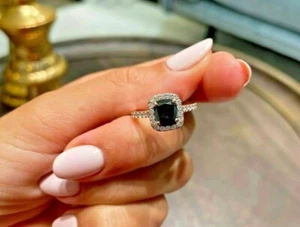 2Ct Cushion Cut Black Diamond Lab-Created Engagement Ring 14K Rose Gold Plated - Picture 1 of 8