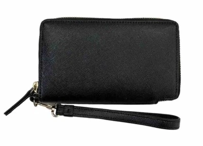 Muñequera billetera halógena de cuero negro brillante con cremallera alrededor talla 6x3,5 interior tostado nueva con etiquetas Foto 1 de 4