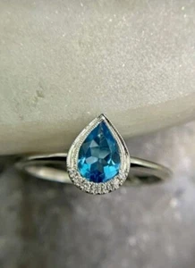 Pear Cut Simulated Blue Topaz Teardrop Engagement Ring In 14K White Gold Plated - Picture 1 of 5
