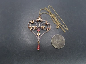 Antique 9K Yellow Gold & Garnets Pendant Necklace, 18", 3.4g - Picture 1 of 10
