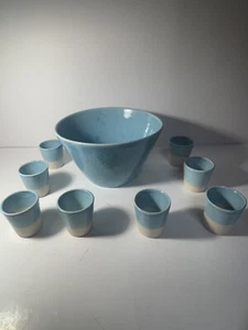 Bella & Joy Cats Riding Bike Pottery Bowl With 8 Mini 2” Blue Planters - Picture 1 of 7