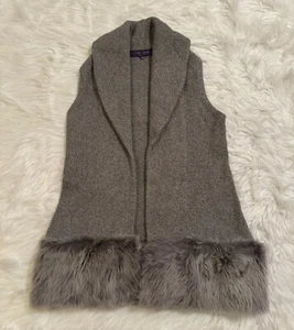 Ralph Lauren Purple Label Cashmere Silk Open Sweater Vest Knit Shearling Grey M - Picture 1 of 5