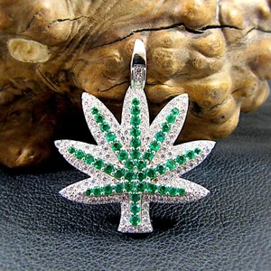 Men's Solid 925 Sterling Silver Iced Out Rhodium Marijuana Pendant w/ Green CZs - Picture 1 of 8