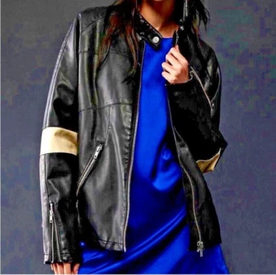 Chaqueta deportiva de moto de cuero vegano We The Free People Ryder negra con cremallera talla L o XL Foto 1 de 4