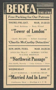 1940 BEREA THEATRE OH TOWER OF LONDON B RATHBONE & B KARLOFF SEE INFO - Picture 1 of 1