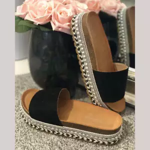 WOMENS LADIES FLAT SLIDERS SUEDETTE SHOES OPEN TOE SANDALS - Bild 1 von 3