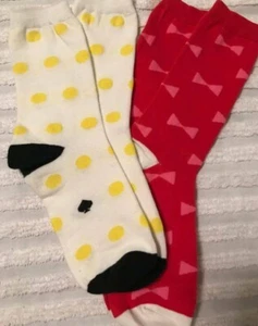 New KATE SPADE 2 LADIES Cotton Crew Socks Heart bow Dots red white  white yellow - Picture 1 of 4