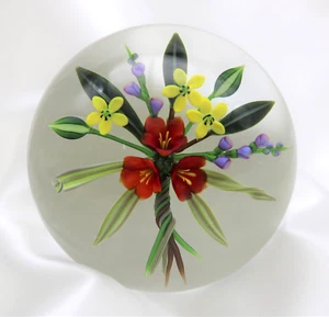 Large Exquisite CHRIS BUZZINI Colorful FLOWERS Bouquet Art Glass PAPERWEIGHT - Picture 1 of 8