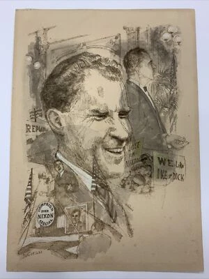 DOUGLAS GORSLINE SIGNED MID-CENTURY ORIGINAL ILLUSTRATION DRAWING RICHARD NIXON - Image 1 of 4