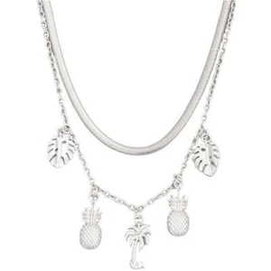 Tropical Palm Trees, Pineapples, Monstera Leaves, Charm 2-Layer Silver Necklace - Picture 1 of 2