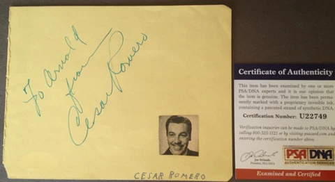 CESAR ROMERO Signed Vintage Album Page with Green Ink Auto PSA/DNA Autograph Cover