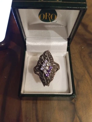 Vintage Anello In Argento Con Ametista E Zirconi E Marcadite  - Immagine 1 di 4