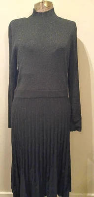 Nine West Long Sleeve Black Metallic Sparkly Dress Sz Lg Midi Pleats Mock Neck - image 1 of 4