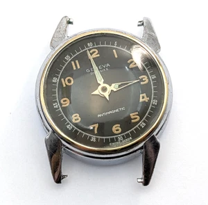 Vintage GENEVA De Luxe Black Military Dial Mens 32mm Watch Movement PARTS REPAIR - Picture 1 of 19