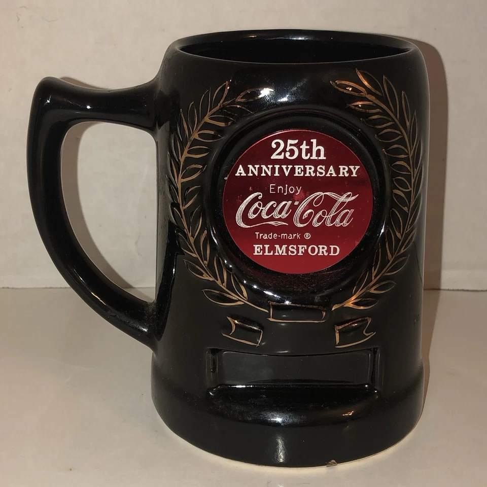 Taza vintage Coca-Cola 25 aniversario Elmsford cerámica negra piedra laurel dorado Foto 1 de 4
