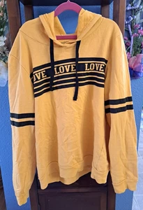 On Fire Women's L Yellow Black Writing Hoodie Love Love Love Stripe Long Sleeve - Picture 1 of 3