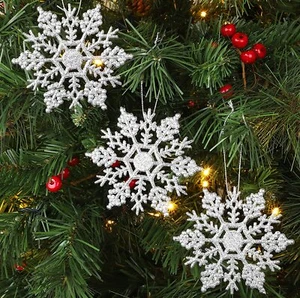 Silver Christmas 6 Pack Glitter Snowflakes Hanging Tree Decorations Frozen Pack - Picture 1 of 7