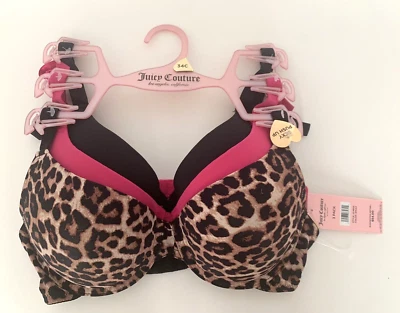 Juicy Couture Sexy Push Up 3 Pk Bra Black Pink Animal Print JC4603 Size 34C NWT - Image 1 of 4