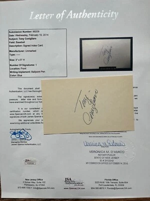 TONY CONIGLIARO  Signed/Auto INDEX CARD! *JSA Full Letter COA* Red Sox/d. 1990 - Image 1 of 4