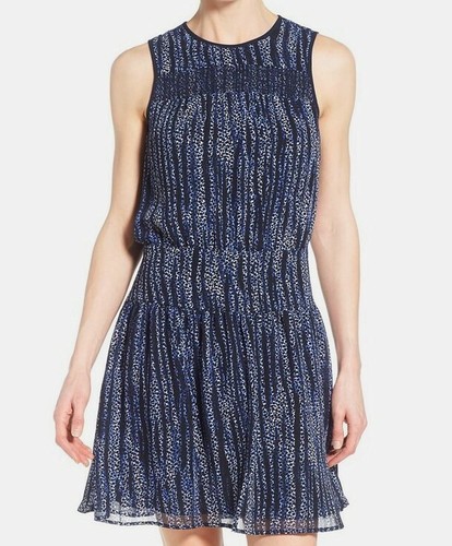 Abito Michael Kors Burnell in georgette fumè blu navy nuovo con etichette $160