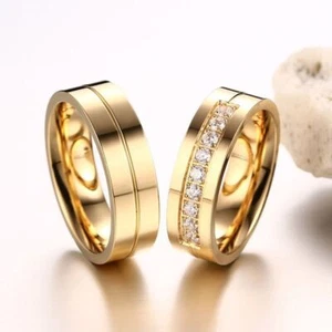 Love Couples Cubic Zirconia Stainless Steel Wedding Band Ring 18K Gold Plated - Picture 1 of 31