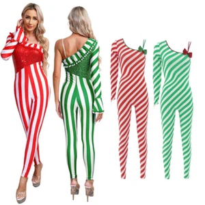 Women's Xmas Candy Cane Jumpsuits Unitards One Shoulder Shiny Bowknot Bodysuits - Picture 1 of 48