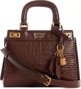 NWT GUESS Katey Croc Mini Satchel Brown Bag With Charms & Shoulder Strap - Picture 1 of 19