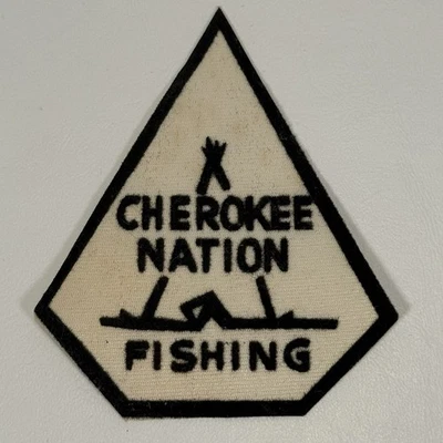 Vintage Cherokee Nation Fishing Iron on Patch Nylon 3.5/8" x 3" READ - Image 1 of 4