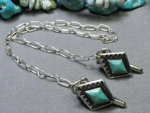 NAVAJO Arizona TURQUOISE Sterling Silver SWEATER CLIPS 11" Chain - Picture 1 of 7