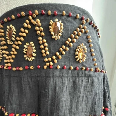Maxi Falda Lulumari Boho Madera y Gemas Cuentas Algodón Negro En Niveles y Forrada - US L Foto 1 de 4