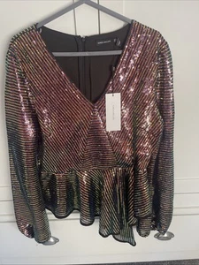 Ladies Karen Millen Peplum Sequin Top In Black And Gold Size 14 With Labels - Picture 1 of 6