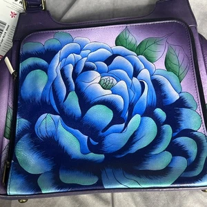 Anuschka Shoulder Satchel Hand Painted Leather " Precious Peony Eggplant" NWT B5 - Picture 1 of 11