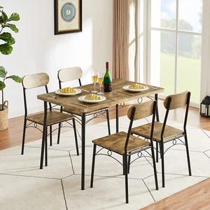 5-Piece Dining Table Set Wood Metal Table & 4 Chairs Kitchen Breakfast Dinette - Picture 1 of 14